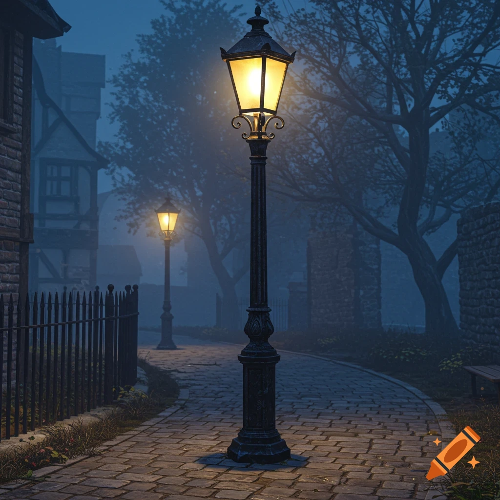An ornate streetlamp illuminates a foggy cobblestone path in an old town at night, with buildings and trees shrouded in mist.