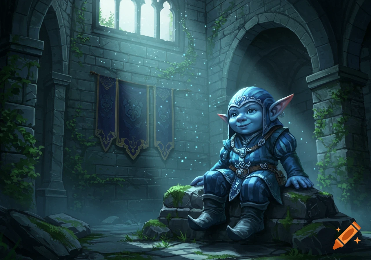 A blue-skinned gnome-like creature in medieval attire sits on a mossy stone ledge in a mystical, overgrown castle ruin with sparkling light.