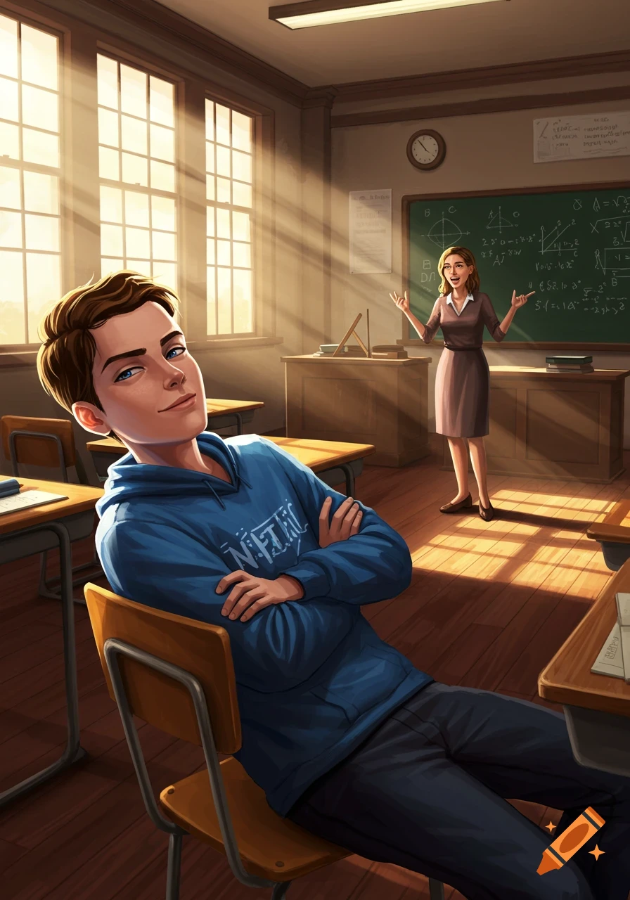 A stylized illustration of a student smirking while leaning back in a classroom chair, with a teacher lecturing at a blackboard in the background.