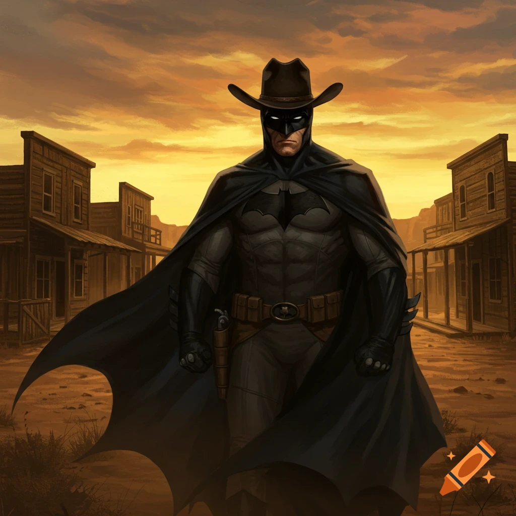 Batman in a cowboy hat and black cape stands in a dusty old Western town under an orange sunset.