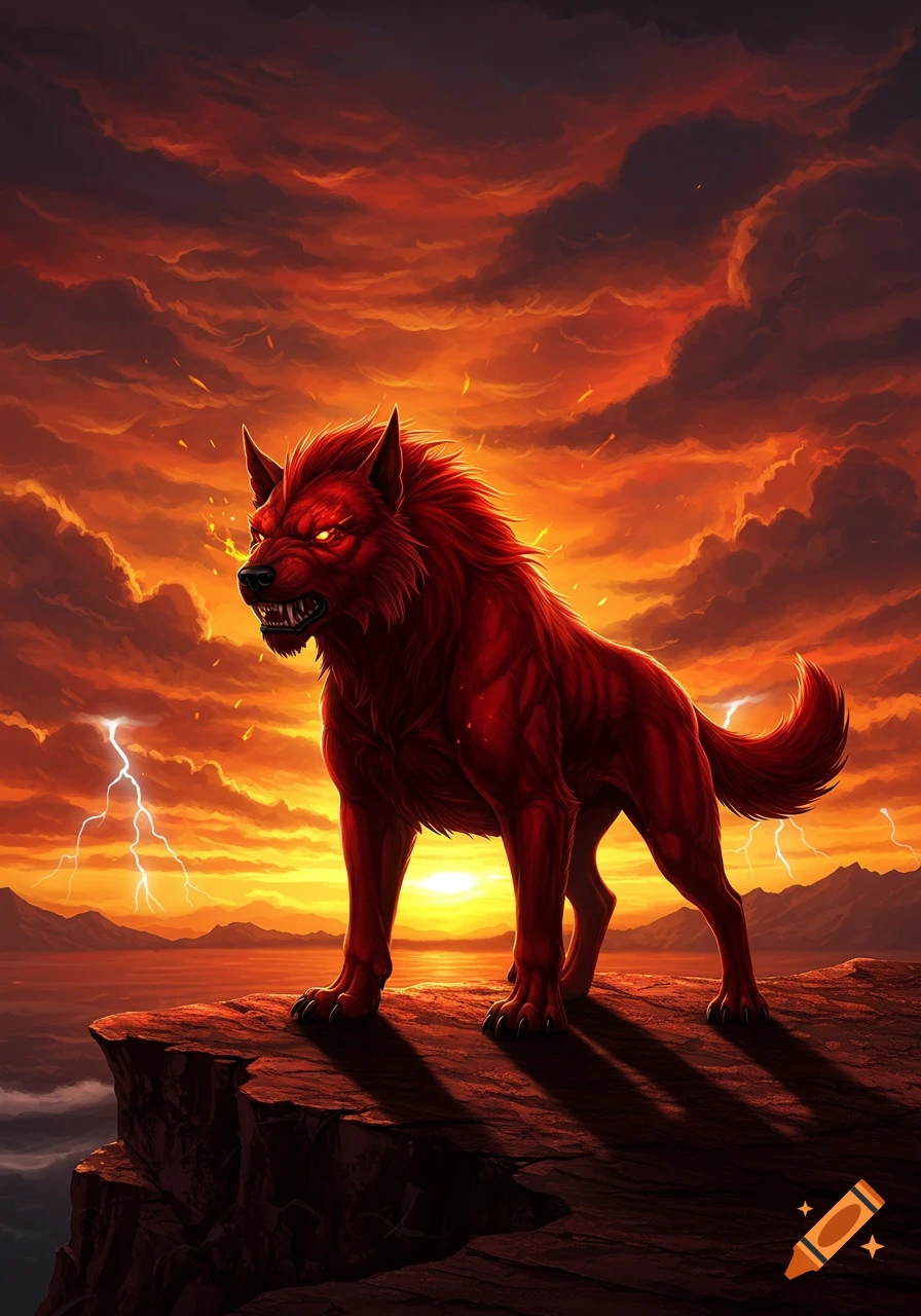 A fierce red wolf-like beast with glowing eyes stands on a cliff at sunset, stormy sky with lightning, fantasy art.