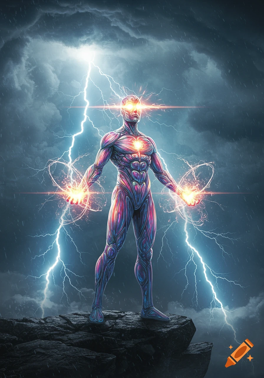 A muscular, glowing superhero with glowing eyes and energy crackling around his hands stands on a cliff during a lightning storm.