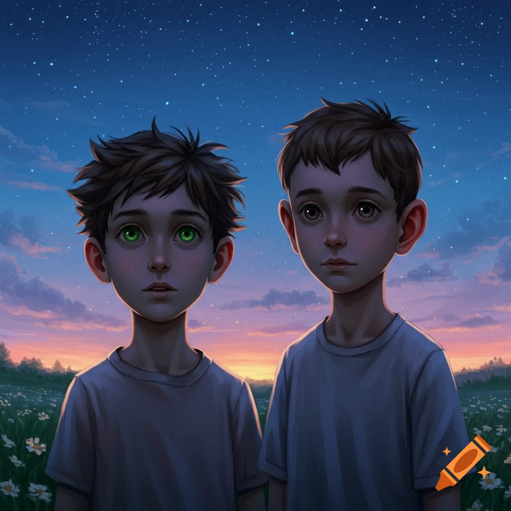 Two young boys stand in a field of wildflowers under a starry twilight sky, one with bright green eyes, in a stylized digital painting.