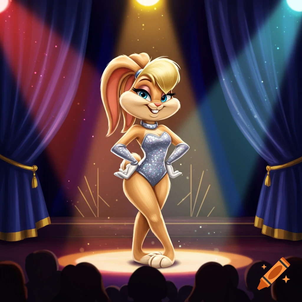 Lola Bunny, a cartoon rabbit, in a sparkly silver leotard on a stage with blue curtains and spotlights.