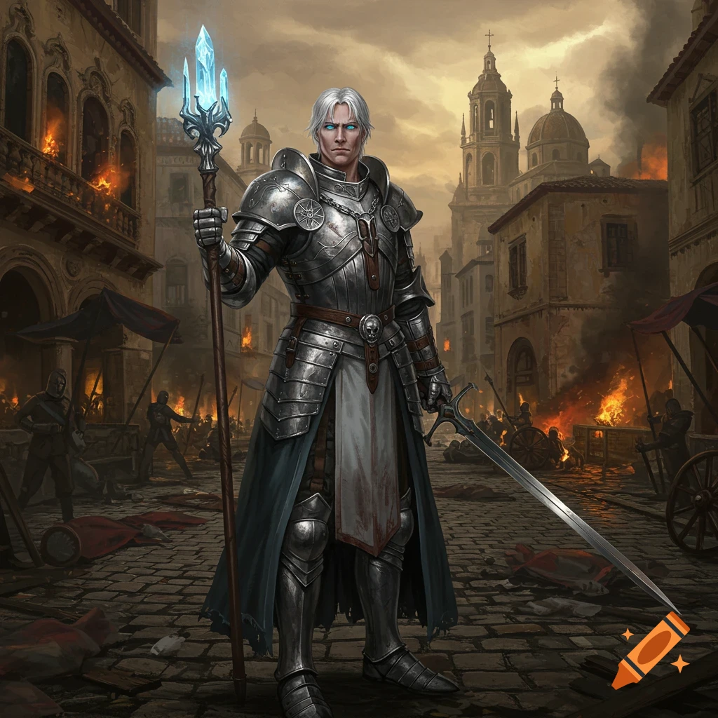 A silver-haired knight in gleaming armor stands amidst a burning, war-torn city, holding a glowing crystal staff and a sword.