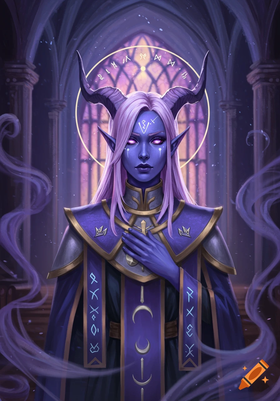 A purple-skinned cleric tiefling with lilac hair and horns, wearing ceremonial robes with mystic symbols, stands in a gothic church.