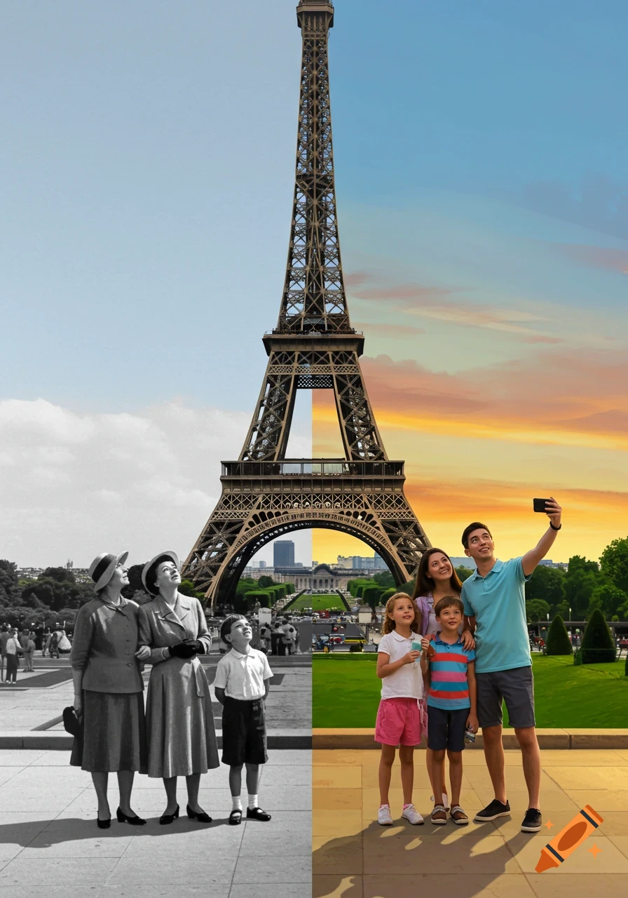 Split image of the Eiffel Tower, with a black and white family on the left and a colorful family taking a selfie on the right.