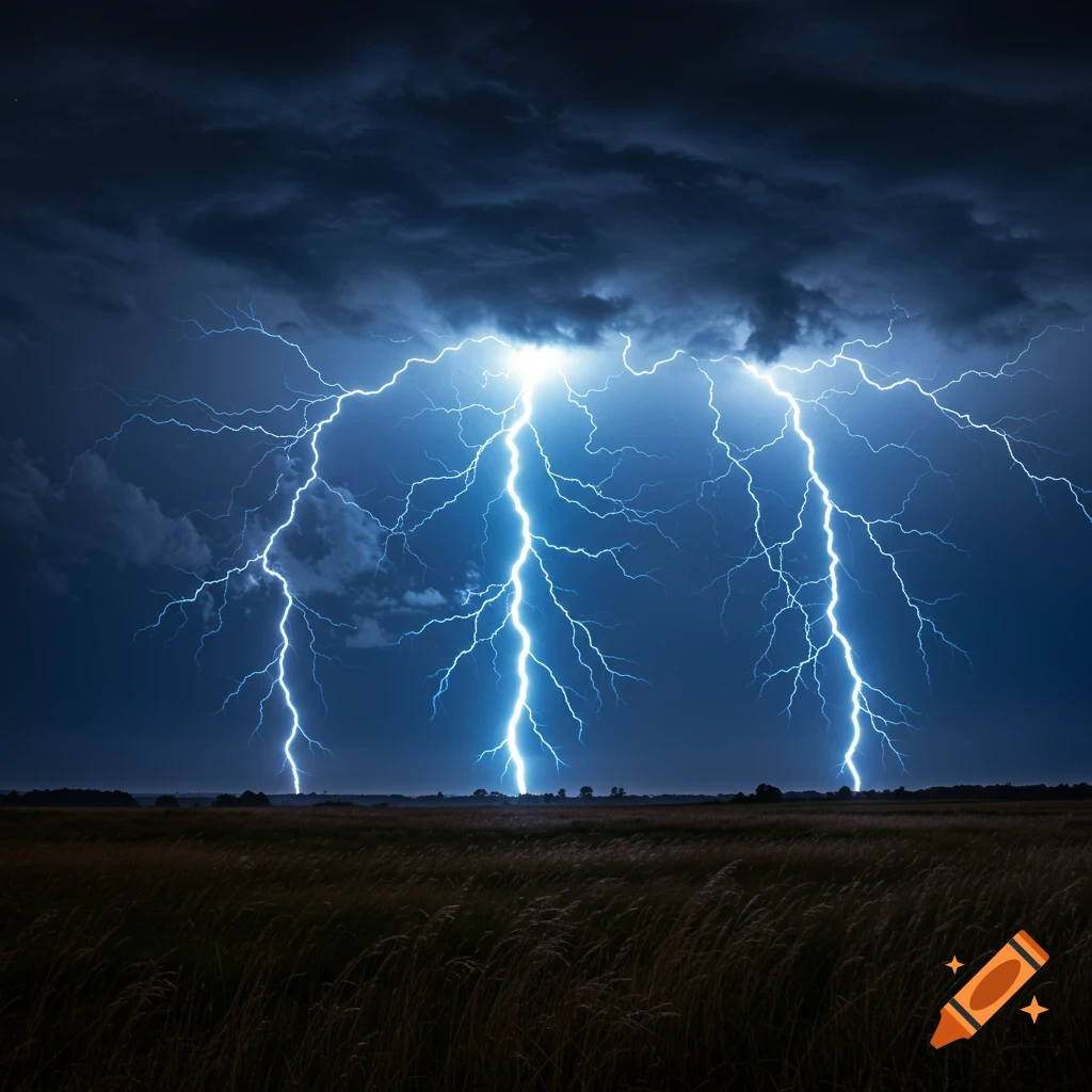 Multiple bright blue lightning bolts strike a dark field under a stormy night sky.