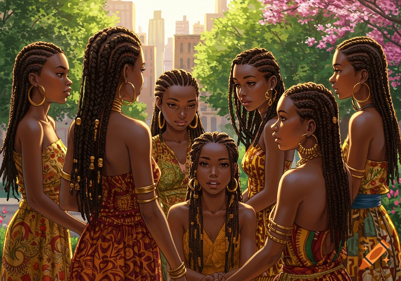 Digital illustration of seven Black women with braids and gold jewelry, in colorful patterned dresses, standing outdoors with city and trees.