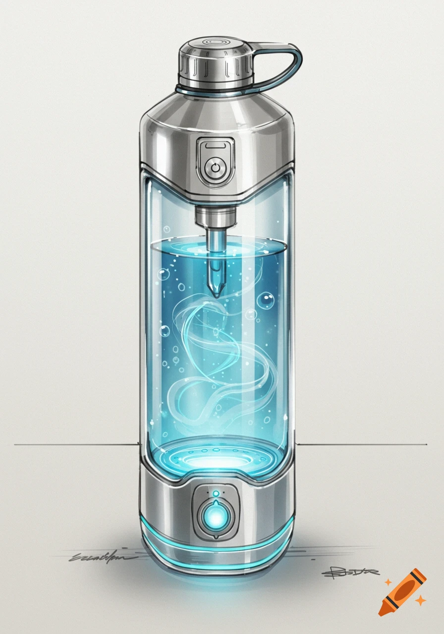 Concept sketch of a futuristic self-cleaning water bottle with glowing blue liquid inside.