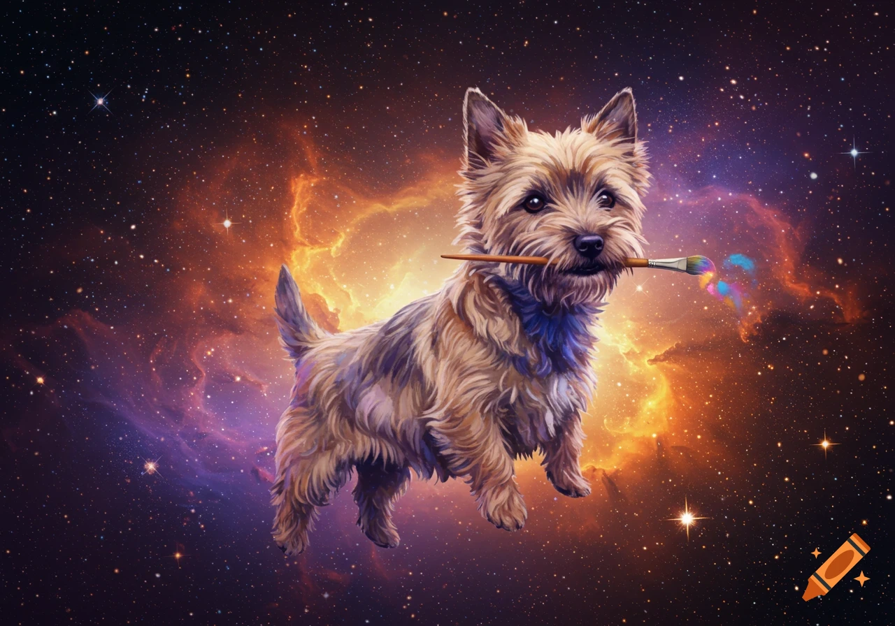 A cute Cairn Terrier dog floats in space, holding a paintbrush with colorful paint, against a vibrant nebula.