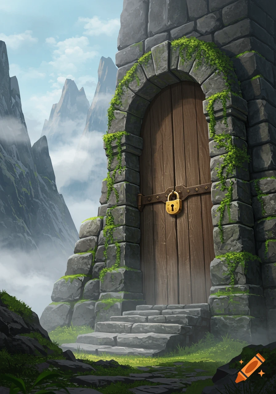 A tall, ancient wooden door with a golden padlock set in a mossy stone archway, nestled in misty mountains.