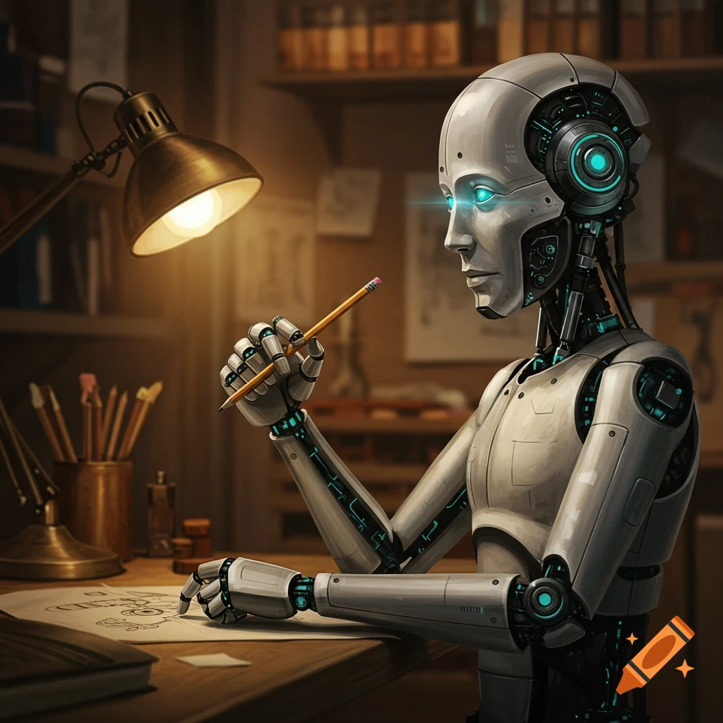 A detailed, silver robot with glowing eyes sits at a wooden desk, sketching on paper under a warm desk lamp in a workshop.