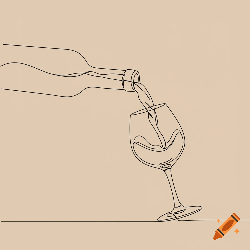A one-line drawing of wine pouring from a bottle into a glass on a beige background.