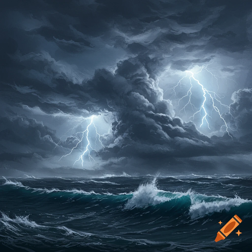 Dramatic stormy ocean scene with dark, turbulent clouds and bright lightning bolts striking the water.