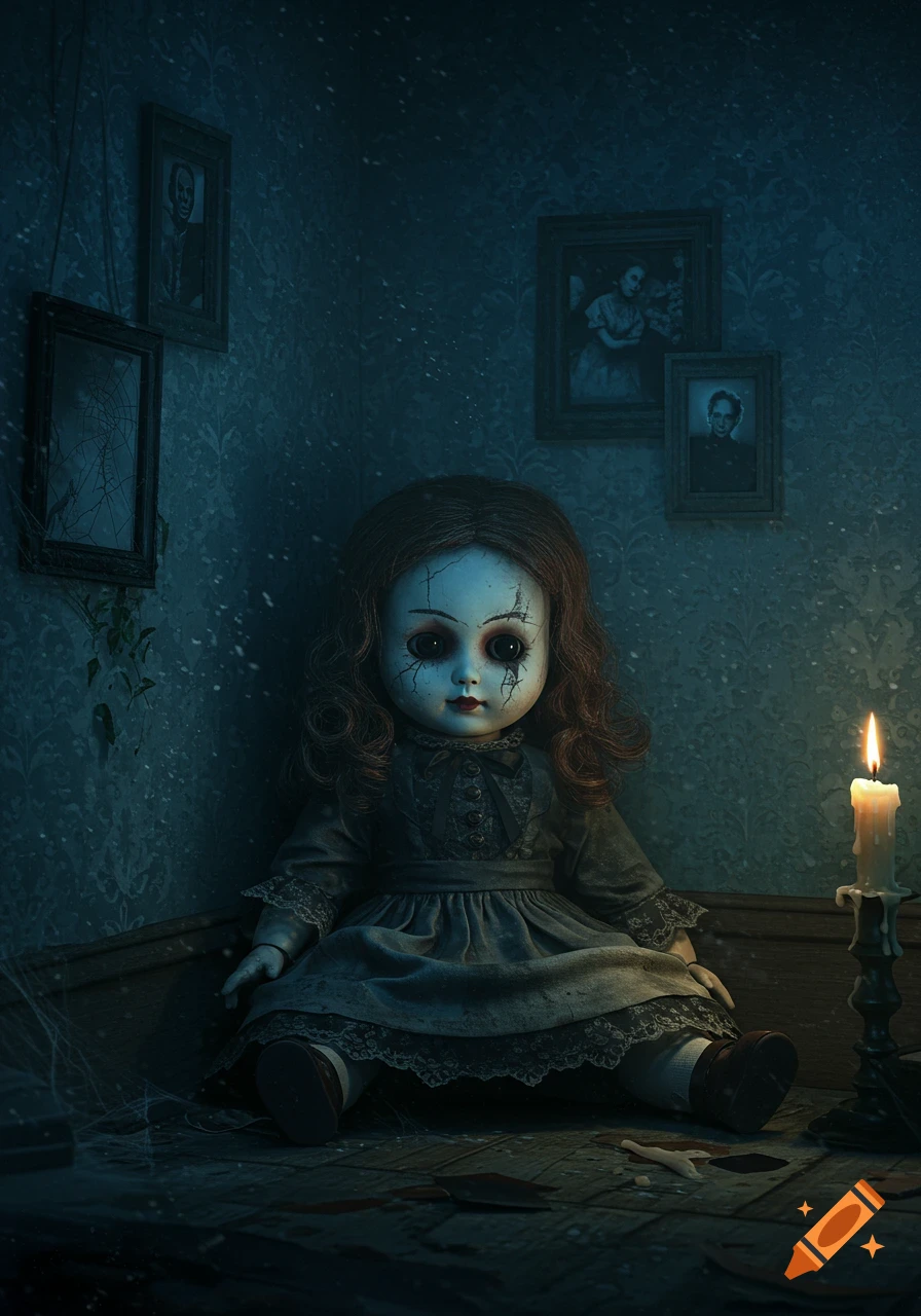 A photorealistic image of a cracked, creepy doll with dark eyes sitting in a dimly lit, dusty room next to a burning candle.