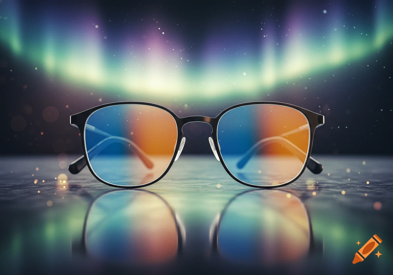 Black-framed eyeglasses with blue and orange gradient lenses reflecting on a surface, against a colorful aurora background.
