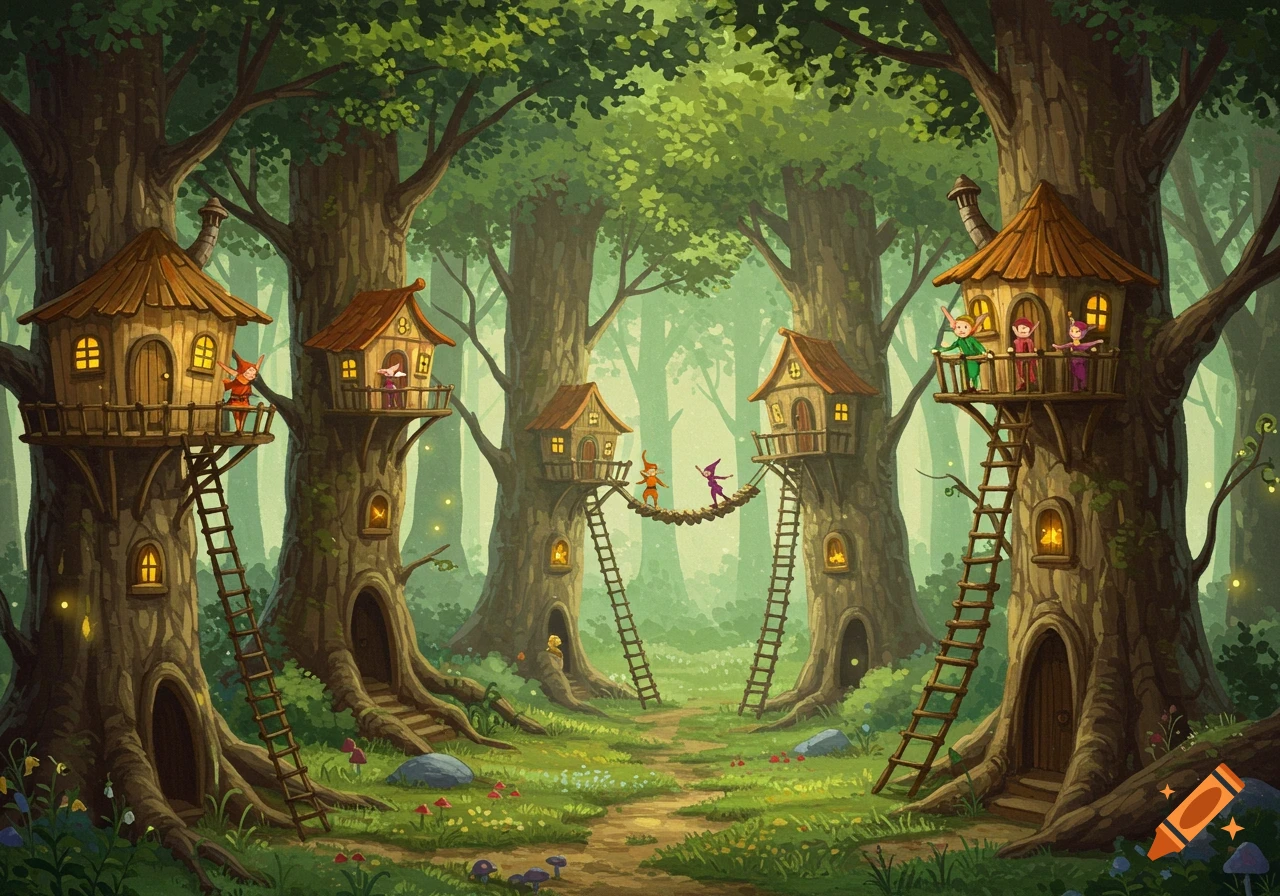 Whimsical illustration of a magical forest with cozy treehouses built into large trees, inhabited by colorful elf-like creatures.