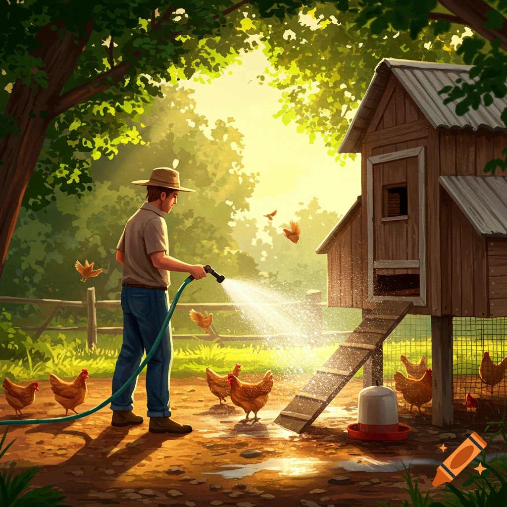 A man in a hat waters chickens next to a wooden coop in a sunny farmyard, with sunlight dappling through trees.