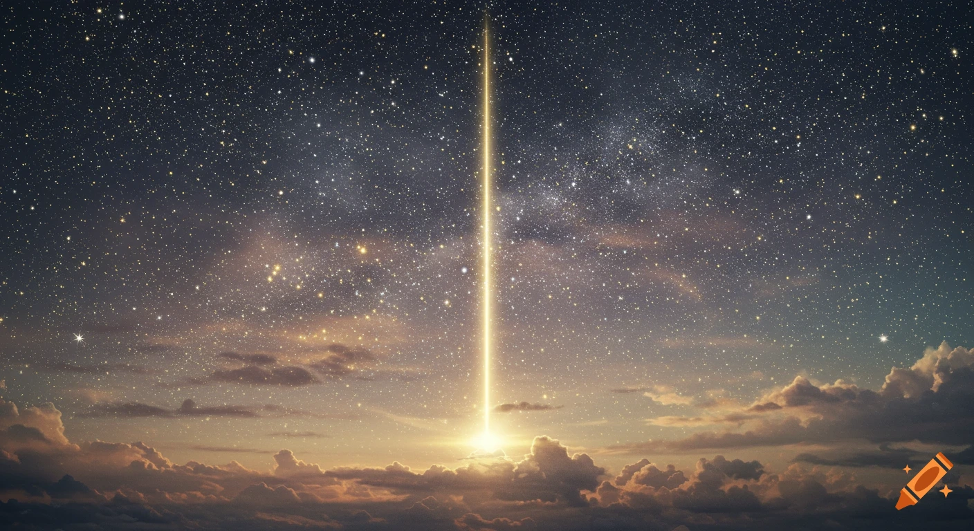 A vibrant starry night sky with a bright beam of light extending from the horizon into space, above clouds.