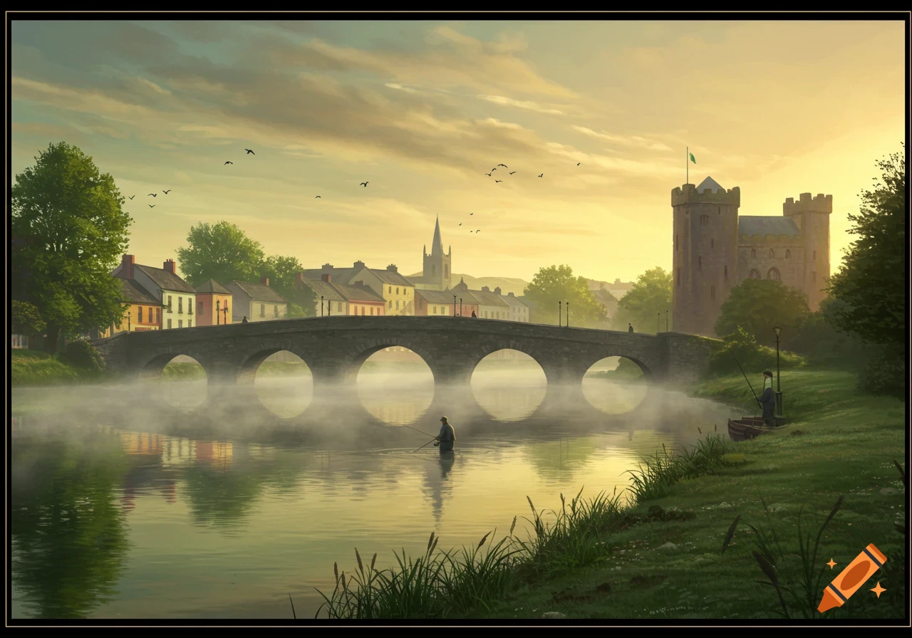 Serene misty river scene with a stone bridge, colorful town buildings, a church, and a castle at sunrise, with fishermen.