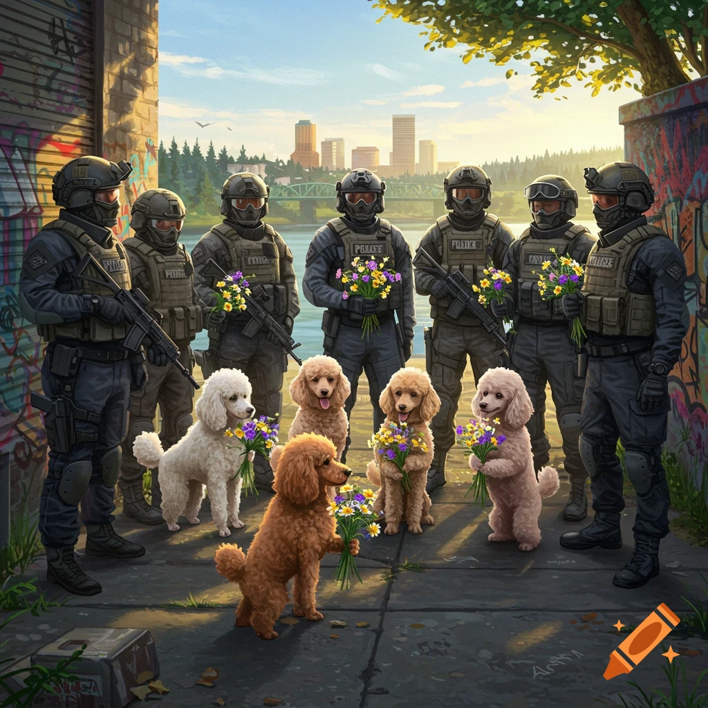 Armed agents in tactical gear with helmets stand in an urban setting, receiving bouquets of flowers from miniature poodles. A city skyline and river are in the background.