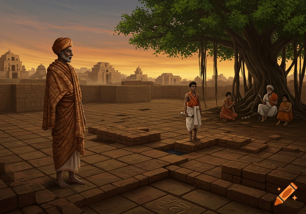 An ancient scene of a robed man on a stone platform overlooking a city, with a guru teaching students under a banyan tree at sunset.