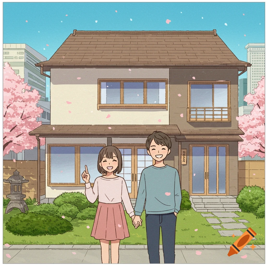 A young anime couple smiles and holds hands in front of a modern Japanese house with cherry blossoms falling around them.