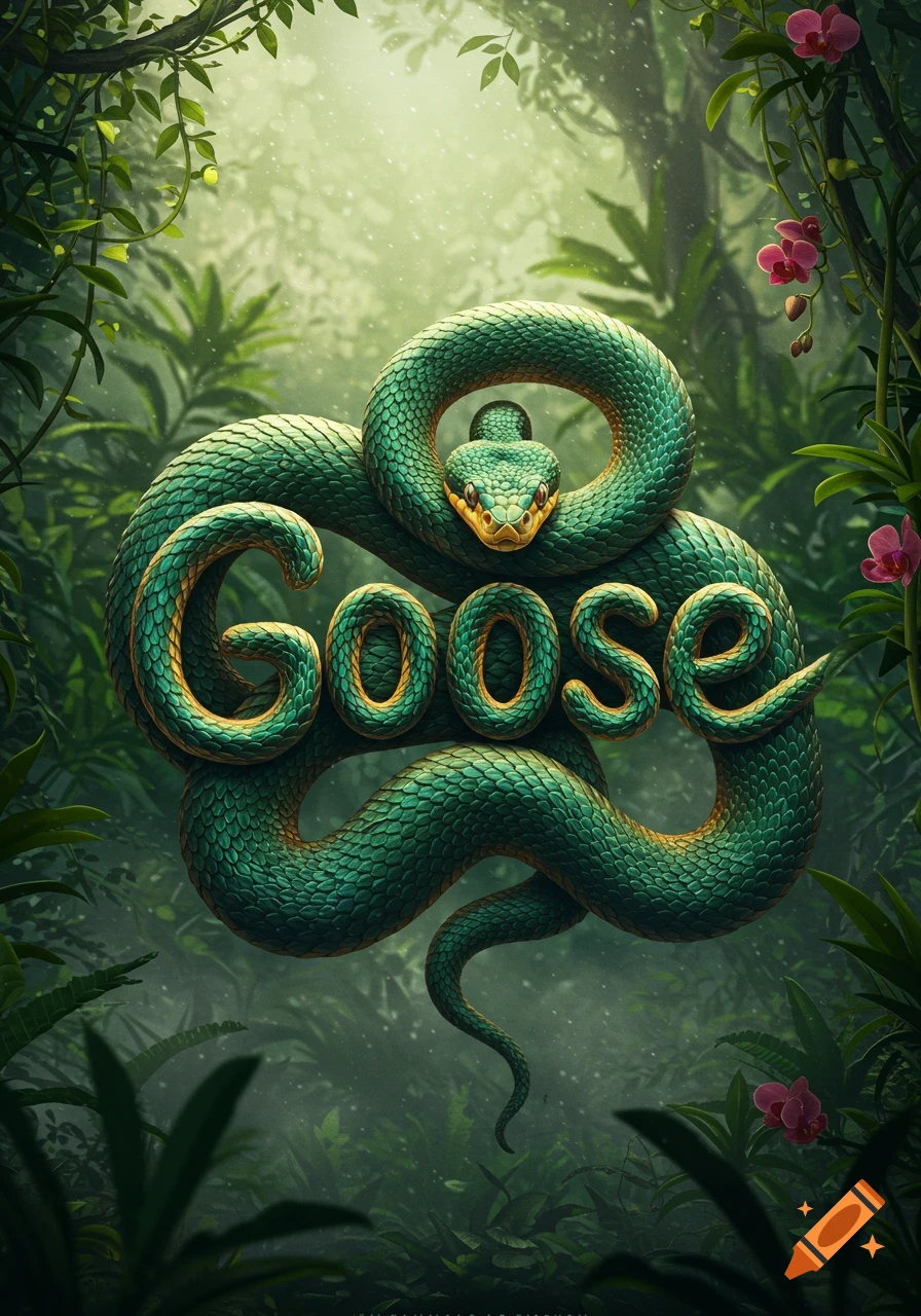 A vibrant green snake with golden yellow markings coils to spell the word 'Goose' in a lush, misty jungle setting.