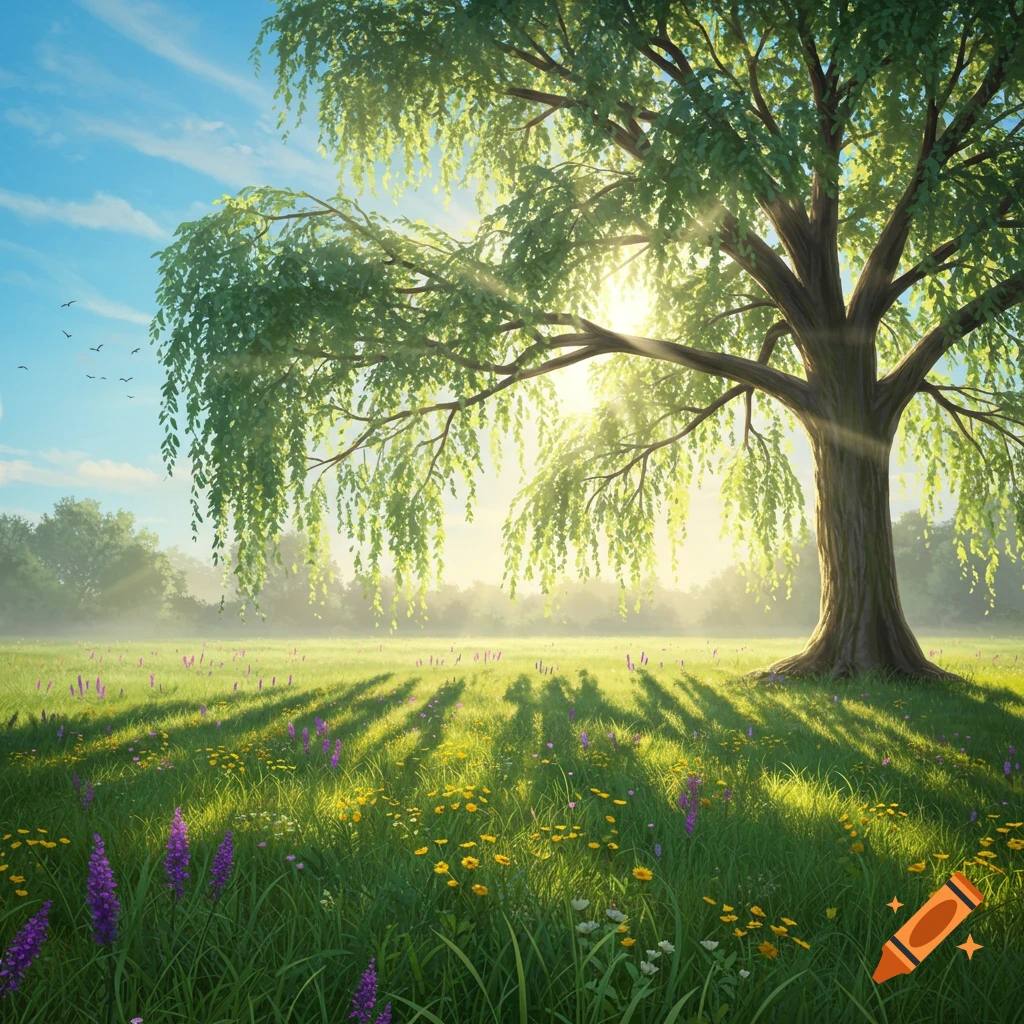 A vibrant meadow with a large willow-like tree, sun rays shining through its branches, and colorful wildflowers.