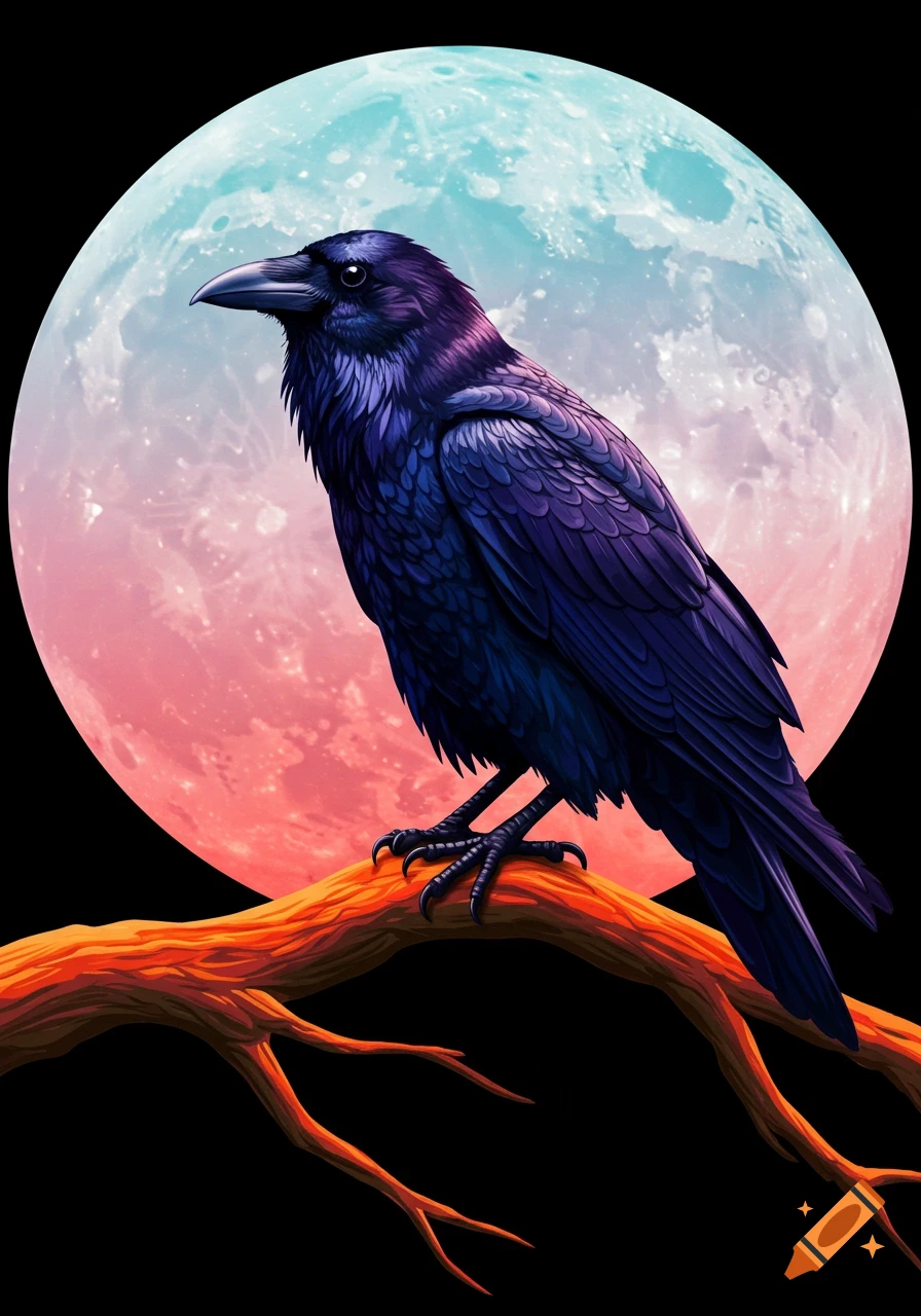 A detailed purple raven perched on an orange branch against a large, misty pink and blue moon.