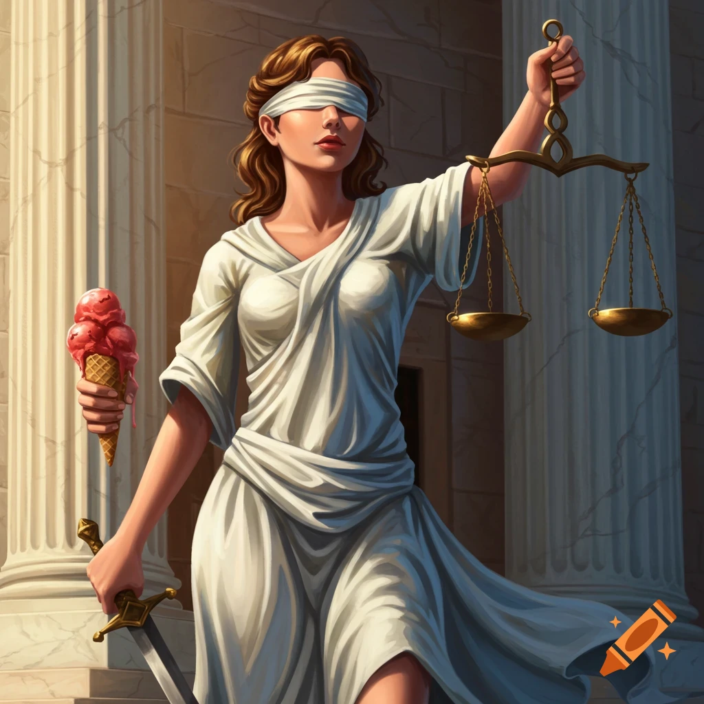 A blindfolded Lady Justice in a white toga holds scales, a sword, and a melting strawberry ice cream cone near classical columns.