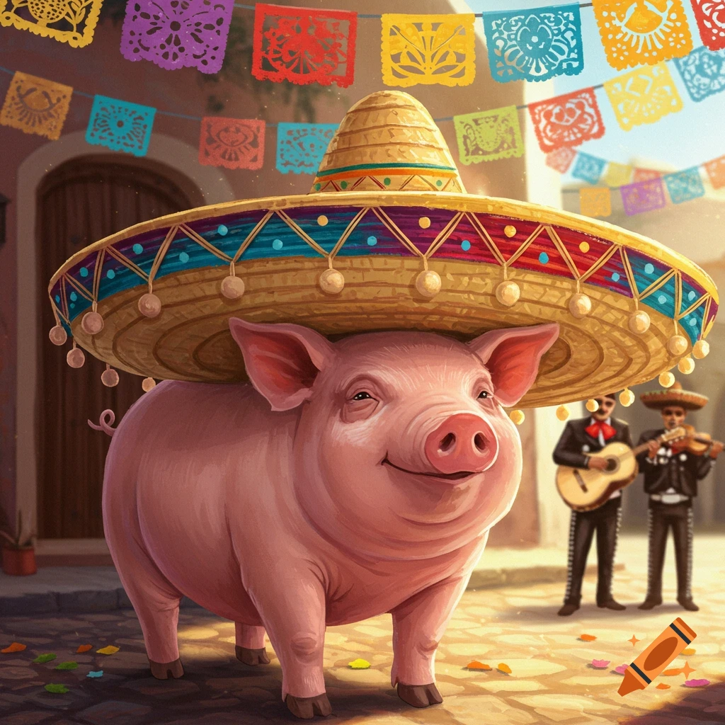 A happy cartoon pig wearing a large sombrero stands in a festive street with papel picado and mariachis in the background.