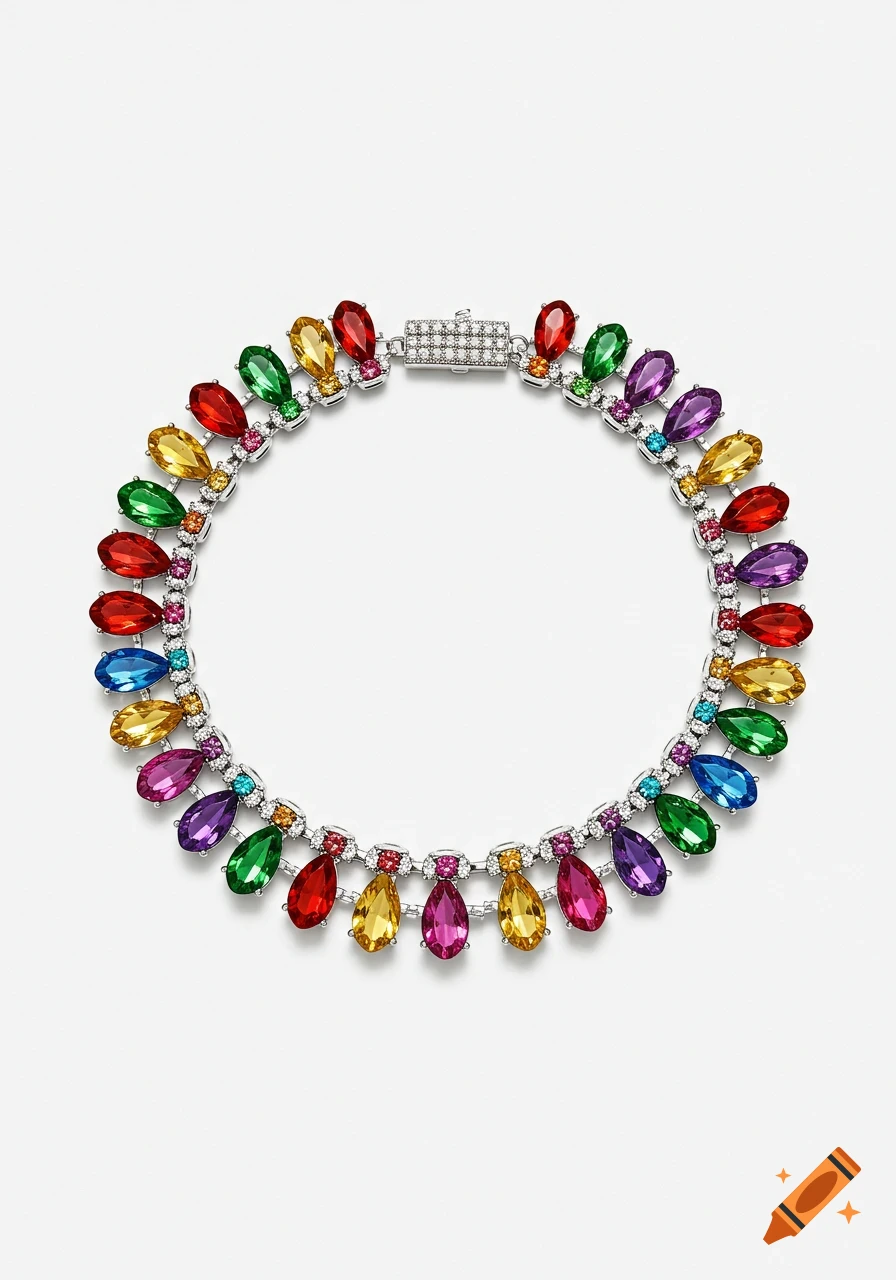 A vibrant silver necklace featuring teardrop-shaped gems in all colors of the rainbow, displayed on a white background.
