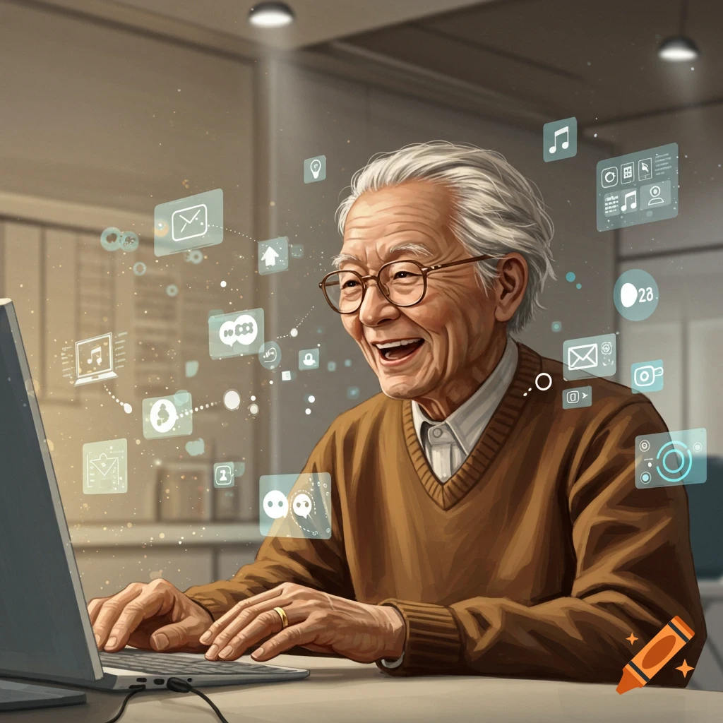 An elderly man happily uses a laptop, surrounded by glowing holographic tech icons like mail, music, and social media symbols, in a digital painting style.