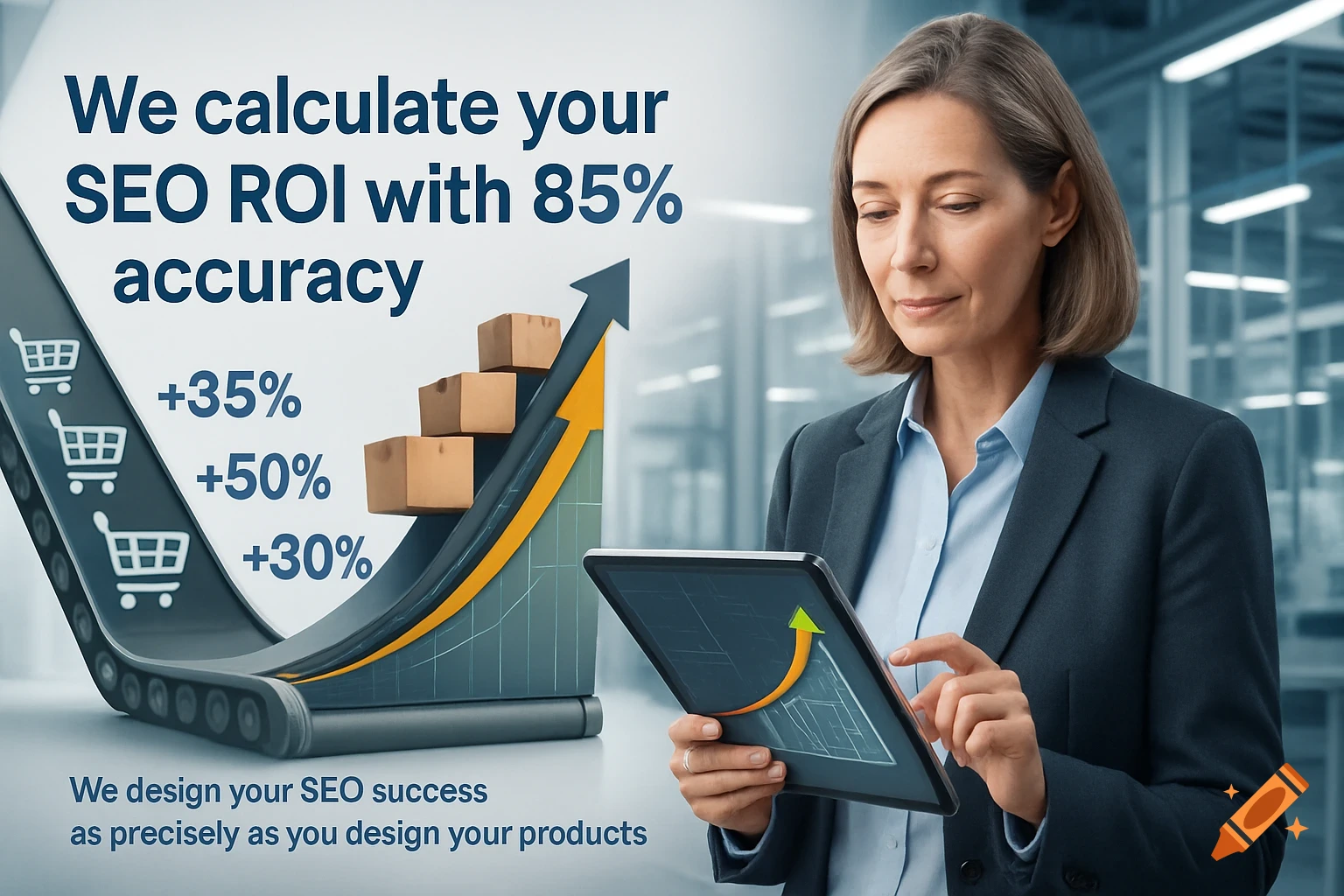 A businesswoman in a suit looks at a tablet, beside an infographic showing a conveyor belt with shopping carts, boxes, and text about SEO ROI and growth percentages.