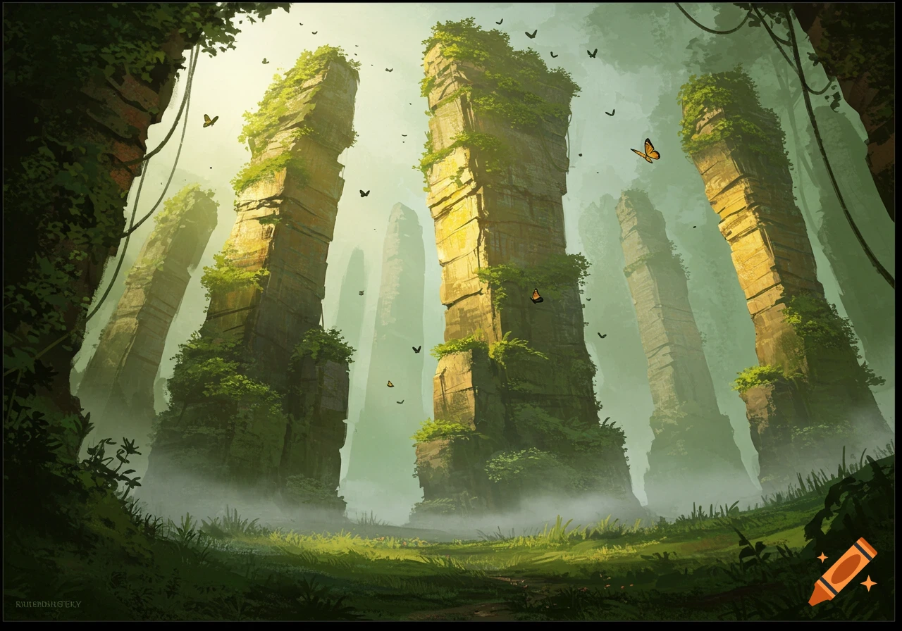 Digital painting of giant moss-covered pillars in a misty jungle landscape with butterflies.