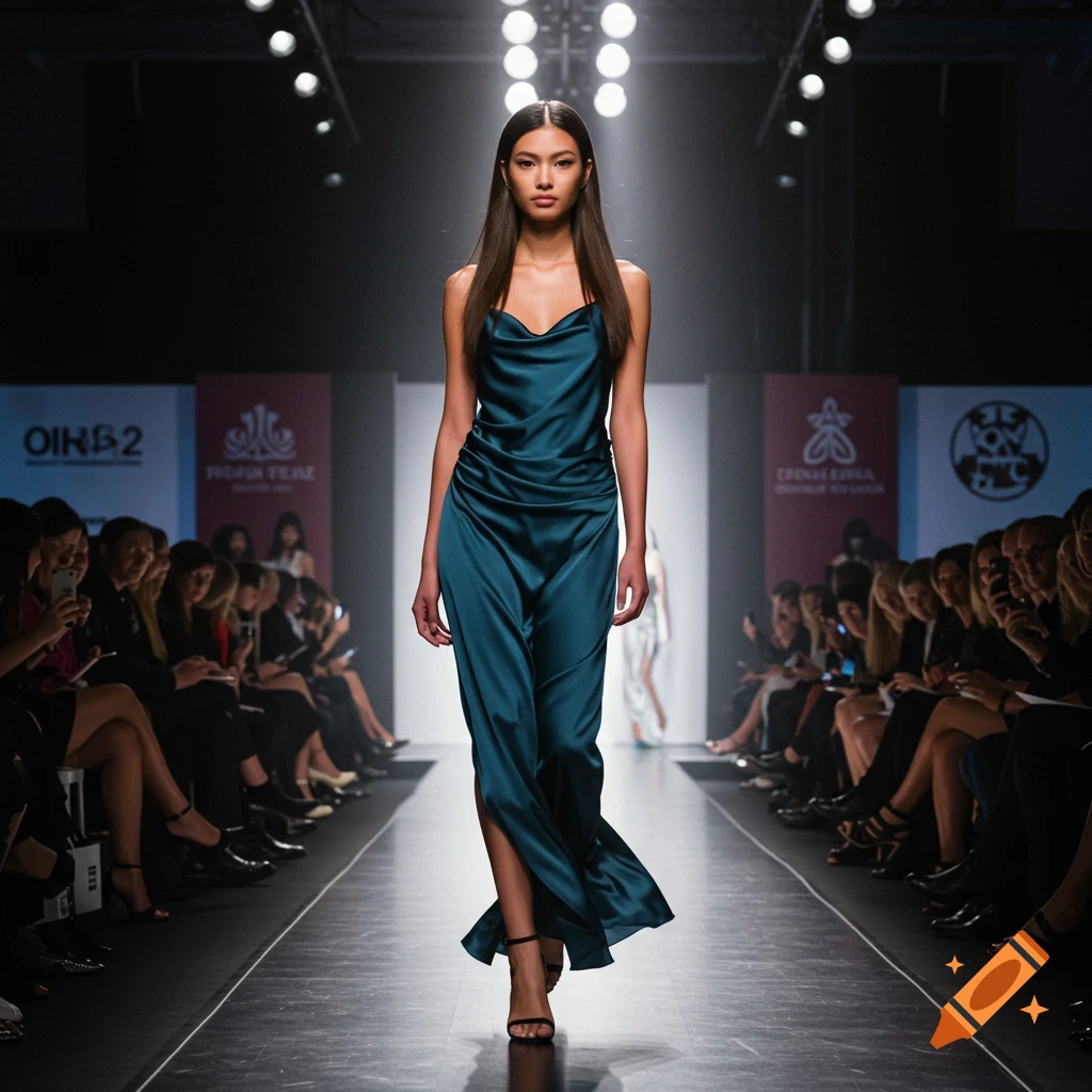 A tall model with long brown hair walks down a bright runway wearing a teal satin dress, with an audience on both sides.