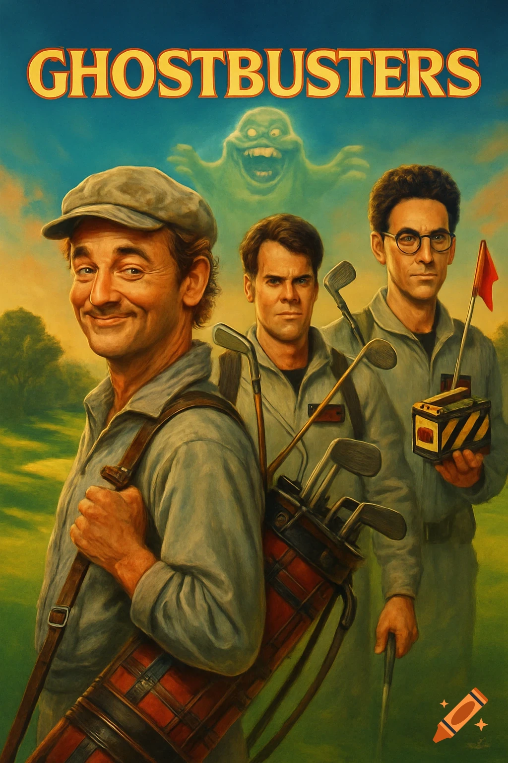 Vintage oil painting movie poster of three men resembling the Ghostbusters cast in golf attire with a green ghost and 'GHOSTBUSTERS' text.