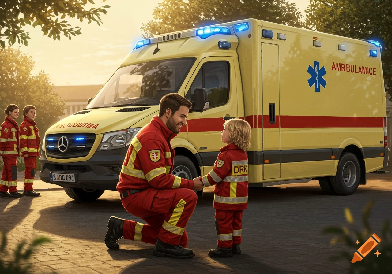 A male paramedic in a red and yellow uniform kneels and smiles at a small child in a matching uniform, in front of a yellow ambulance under warm golden light.