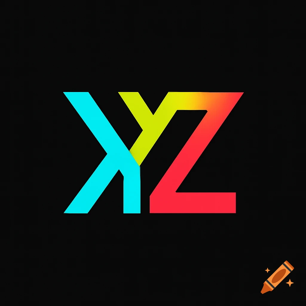 Stylized, geometric letters X in cyan, Y in lime yellow, and Z in crimson, fused together on a black background, minimalist design.