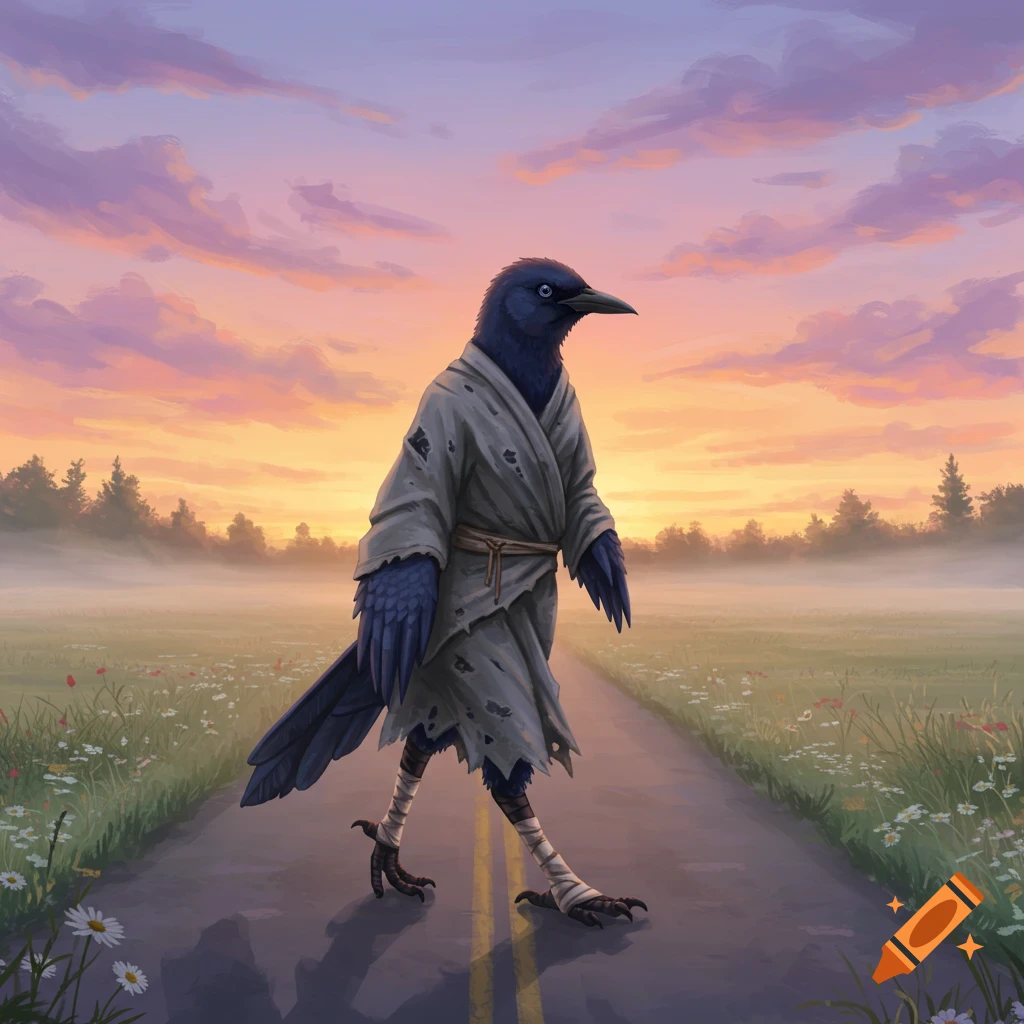 An anthropomorphic grackle in tattered gray robes with bandaged feet walks on a country road at sunrise, surrounded by misty fields and trees.