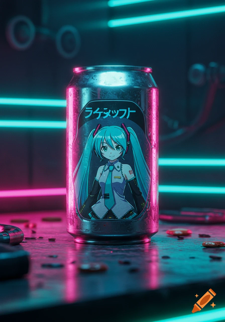 A cyberpunk-style close-up of a distressed metallic soda can featuring an anime character resembling Hatsune Miku, illuminated by neon pink and blue lights.