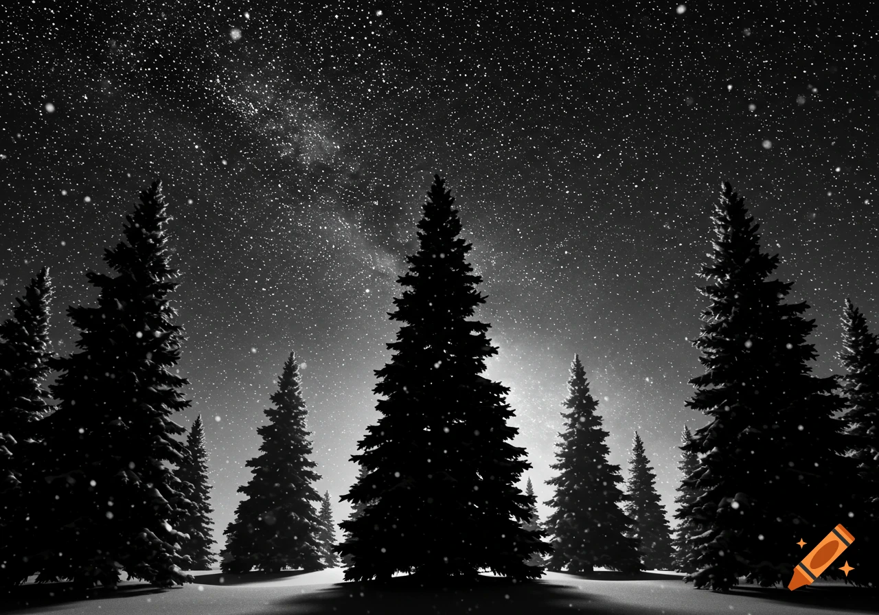 A black and white silhouette of Christmas trees in a snowy forest under a starry night sky.