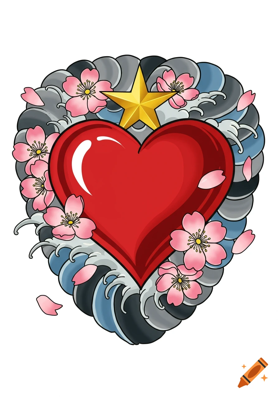 A vibrant red heart with a golden star sits amidst pink cherry blossoms and traditional blue and gray Japanese wave patterns.