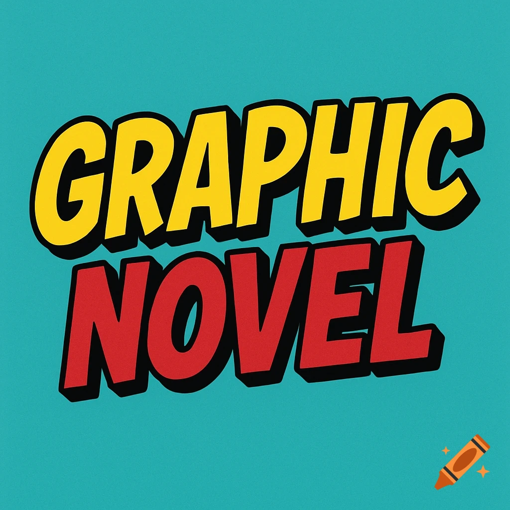Text "GRAPHIC NOVEL" in yellow and red comic book style letters with black outlines on a turquoise background.