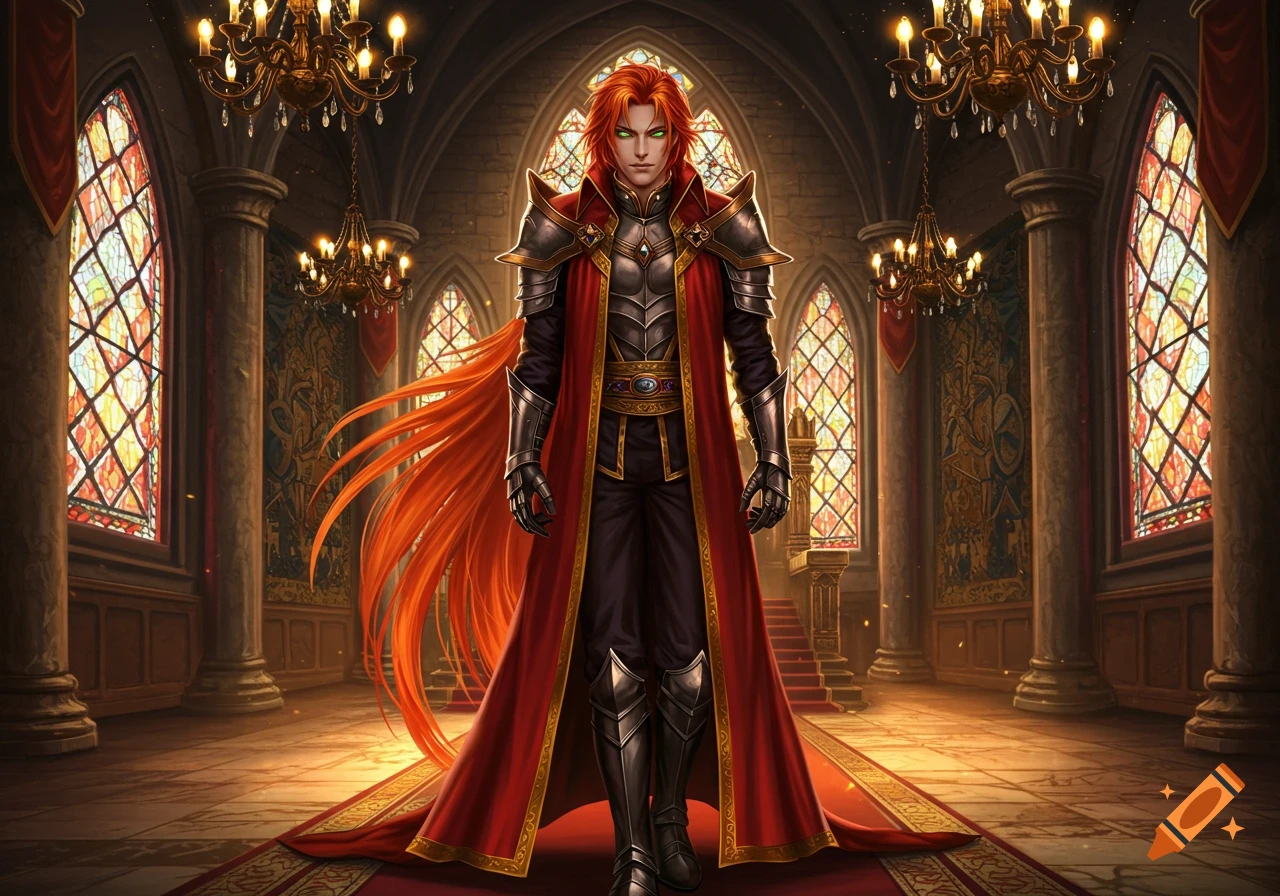 A handsome fantasy prince with long orange hair and green eyes, in armor and a red cape, stands in a gothic throne room.