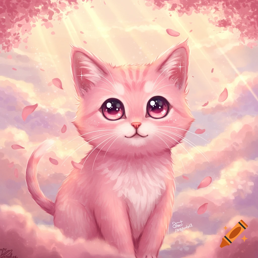 A cute pink anime cat with large sparkling eyes sits on a cloud with cherry blossoms and sunlight in the background.