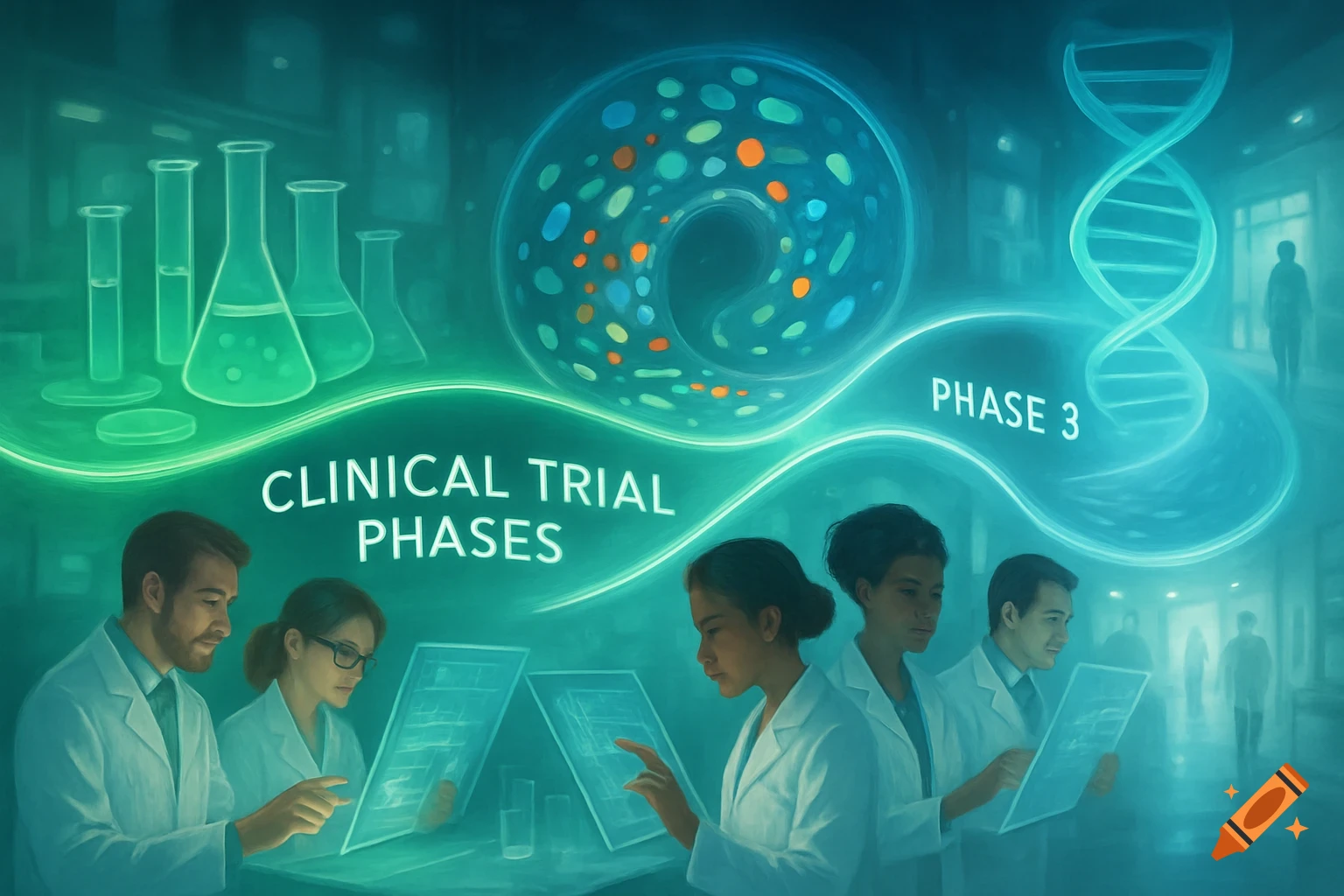 Scientists in lab coats interact with glowing screens amidst scientific graphics like DNA, cells, and beakers, with text 'CLINICAL TRIAL PHASES' and 'PHASE 3'.