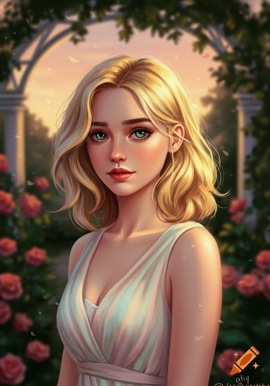 A digitally painted portrait of a blonde woman with green eyes and a shy smile, wearing a light dress in a rose garden at sunset.